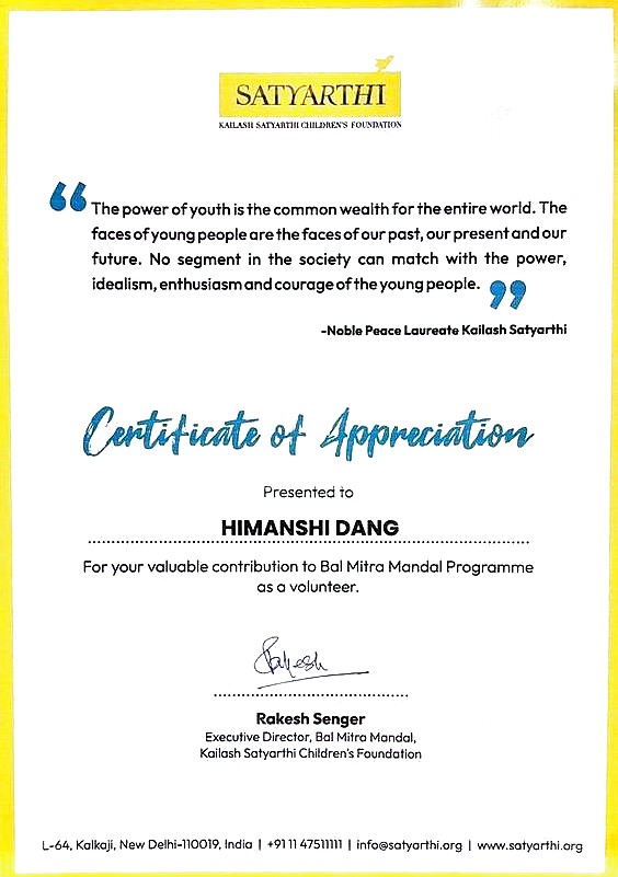 Kailash Satyarthi Children's Foundation certificate of appreciation